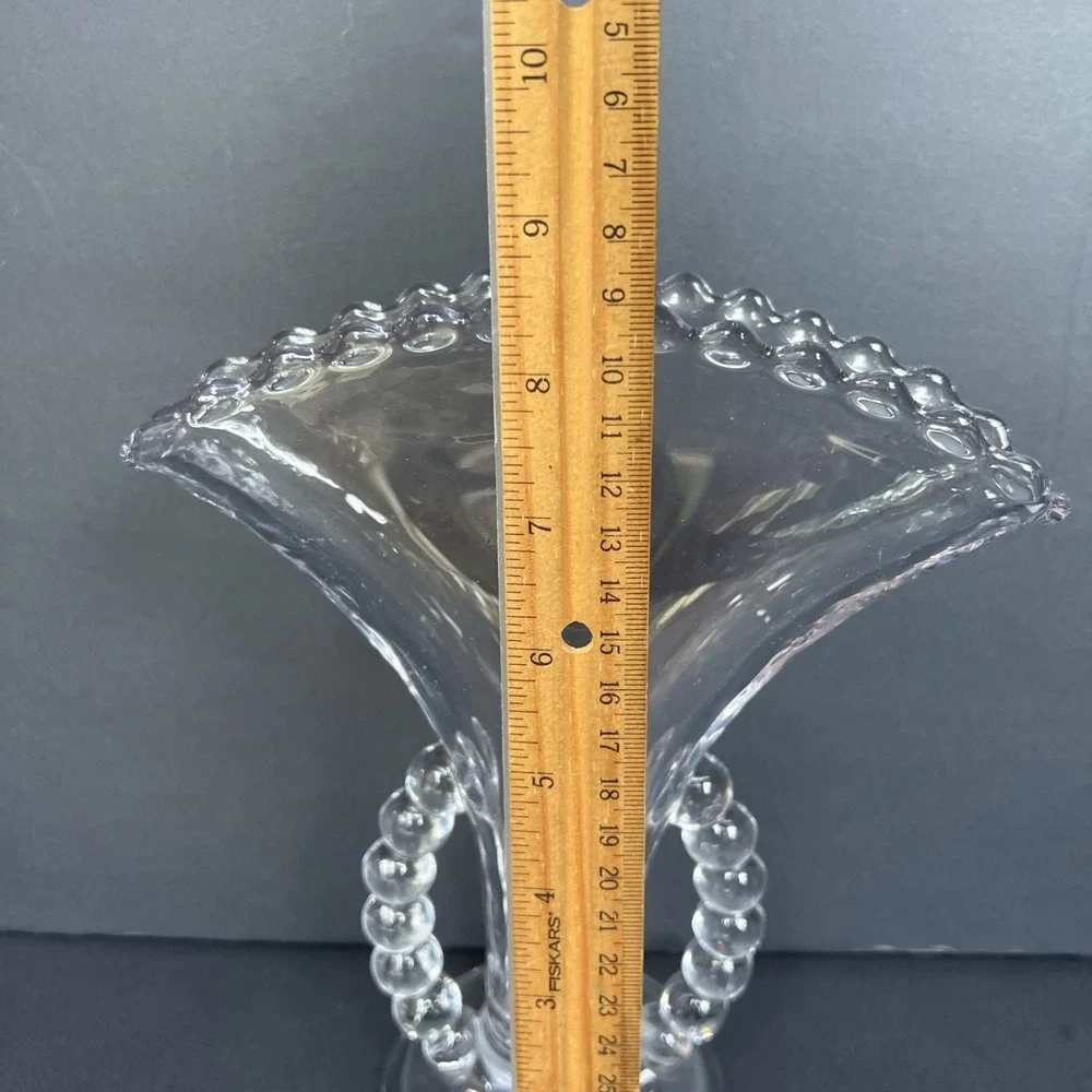 VTG Imperial Candlewick Fan Vase Detached Bead Handles Clear Glass 8.5